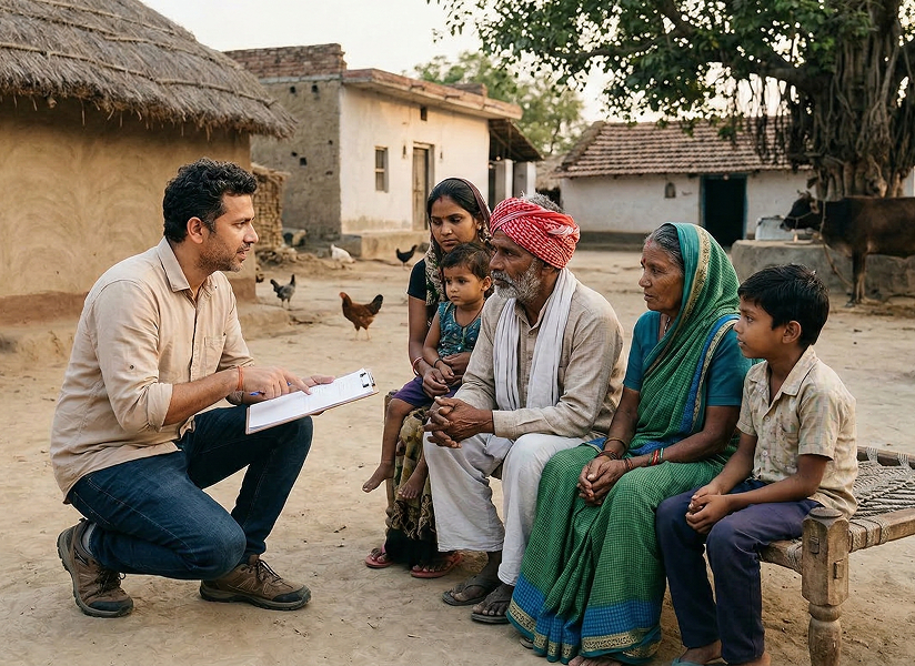 Government worker meeting with rural village family